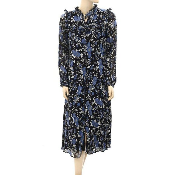 Sea New York Floral Midi Dress Frill Print Ruffle Black Buttondown S New